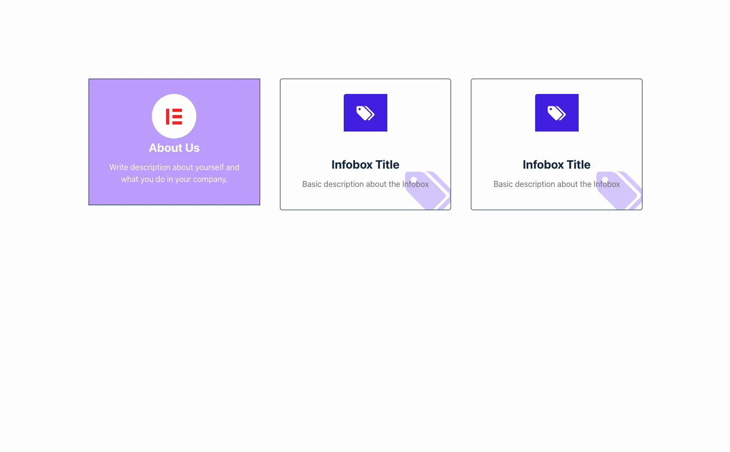 Finished Master Addons info boxes on the live page, three cards with icons, titles, and descriptions in different style presets