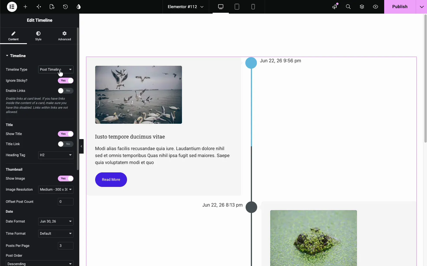 Timeline Content tab set to Post Timeline with title, thumbnail, date, and query controls
