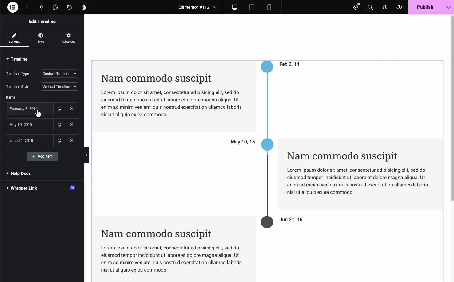 Timeline Custom Timeline type with an Items repeater and a vertical timeline layout in the canvas