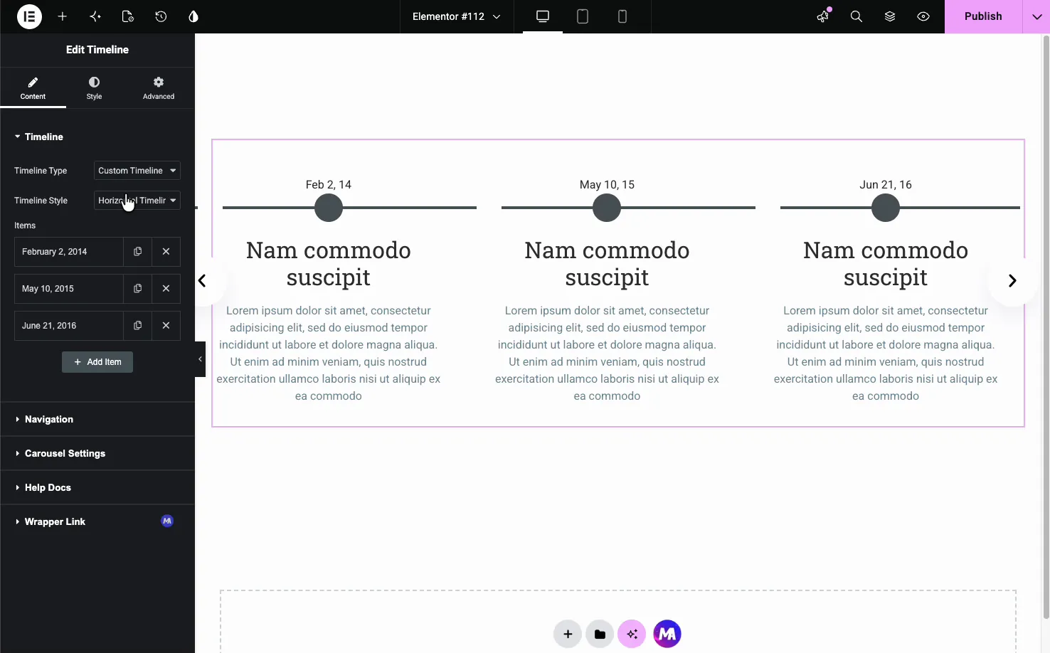 Timeline Horizontal Timeline style showing dated entries laid out left to right with navigation arrows