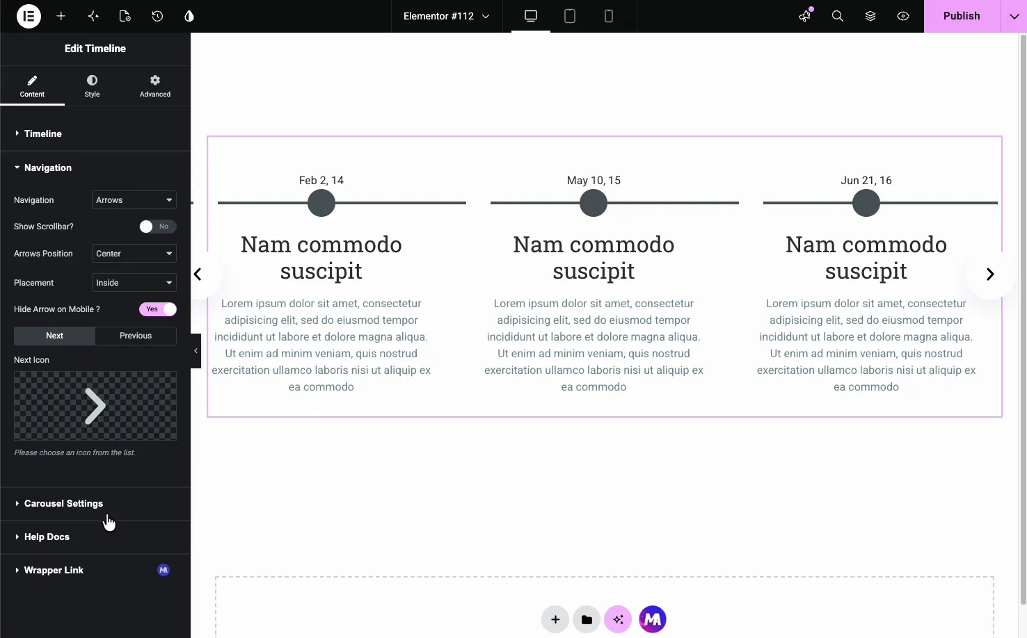 Timeline Navigation settings with arrows, scrollbar, arrows position, placement, and custom next and previous icons