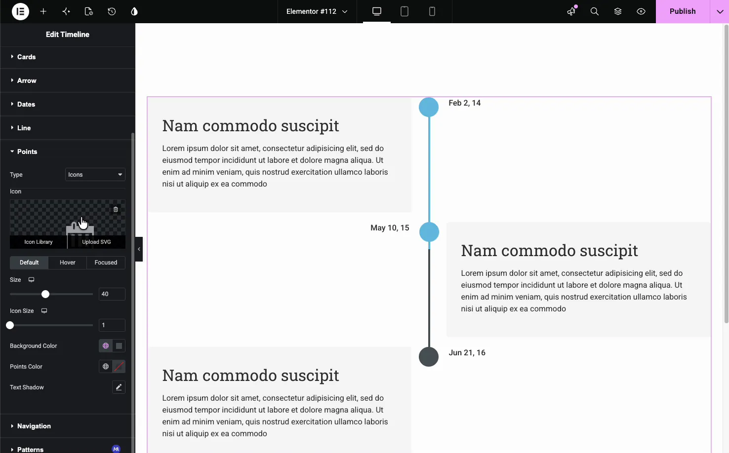Timeline Style tab Points section with point type set to Icons, size, background color, and points color