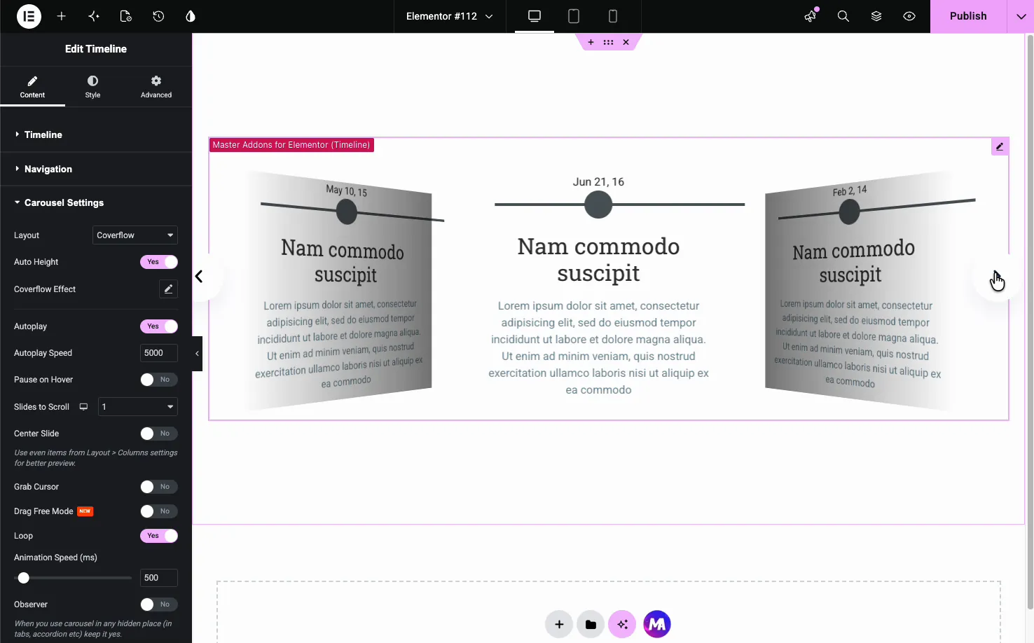 Timeline Carousel Settings with coverflow layout, autoplay, autoplay speed, slides to scroll, loop, and animation speed
