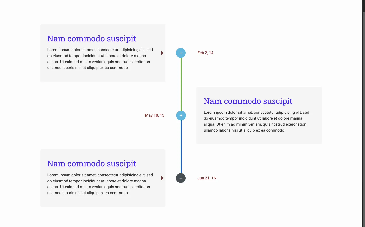 Finished Master Addons vertical timeline on the live page with alternating cards, dates, a colored line, and plus-icon points