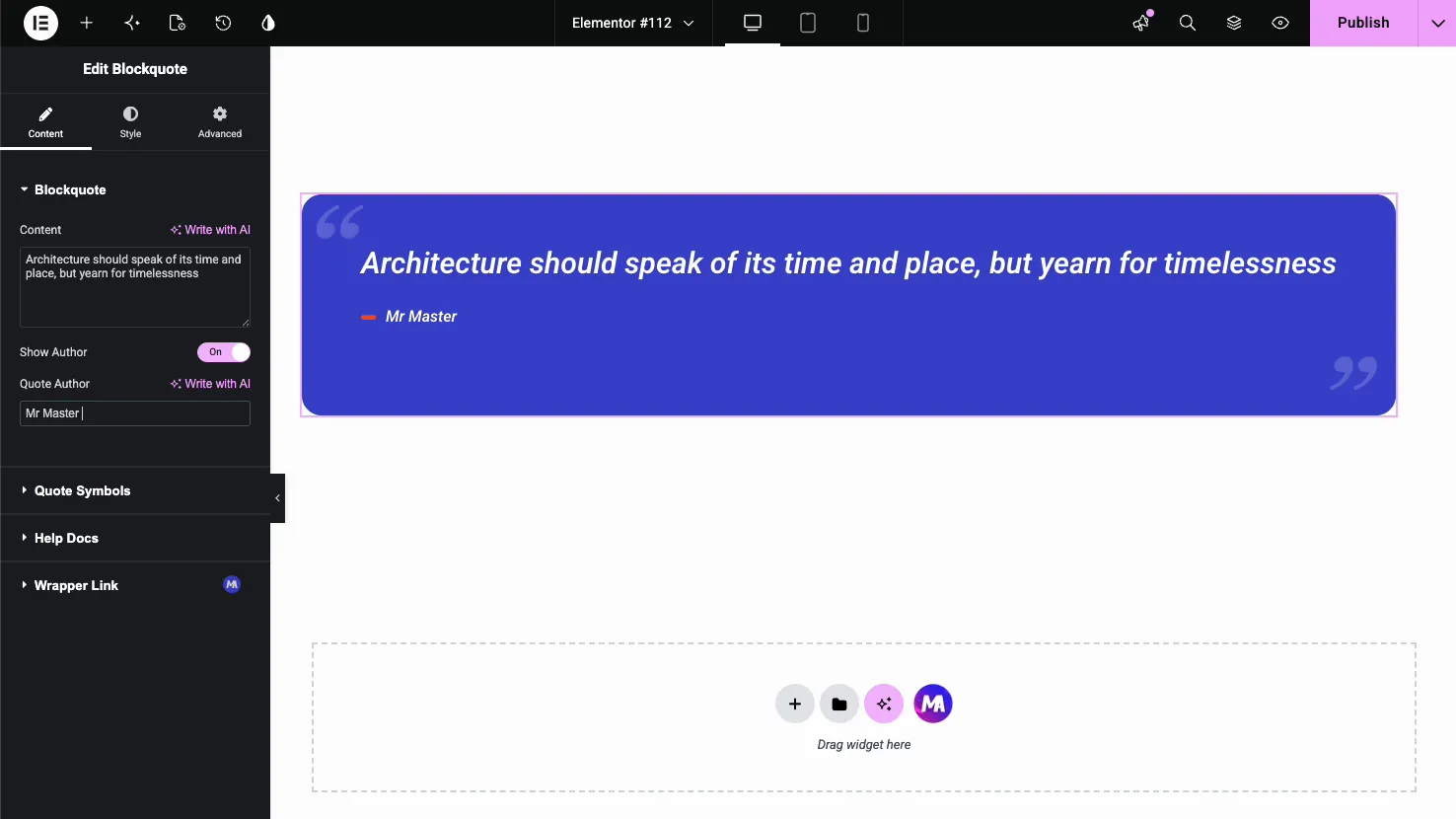 Blockquote Content tab with the quote text field, Show Author toggle, and Quote Author field
