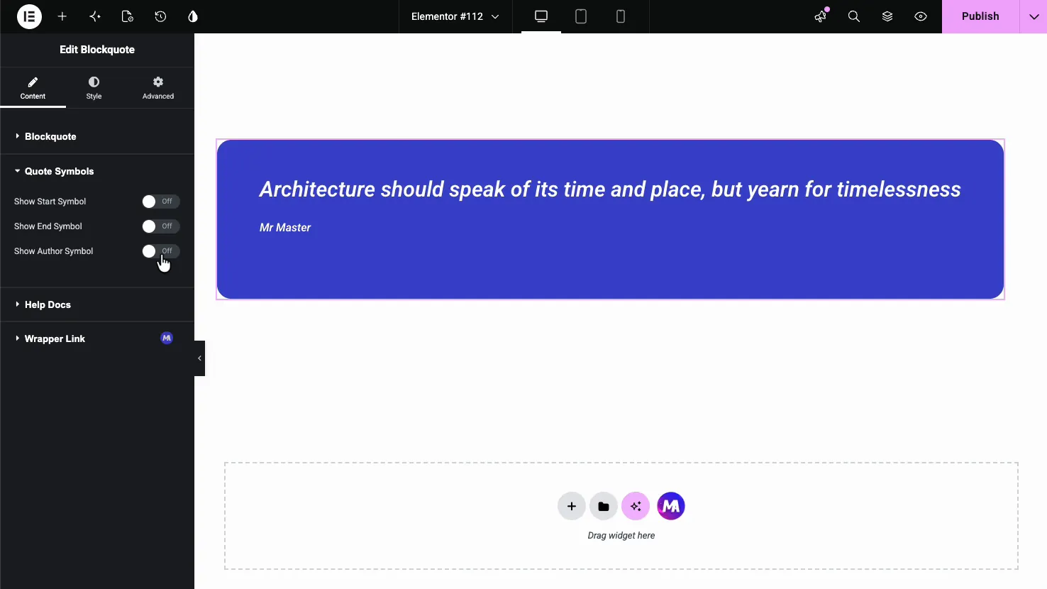 Blockquote Quote Symbols section with Show Start Symbol, Show End Symbol, and Show Author Symbol toggles
