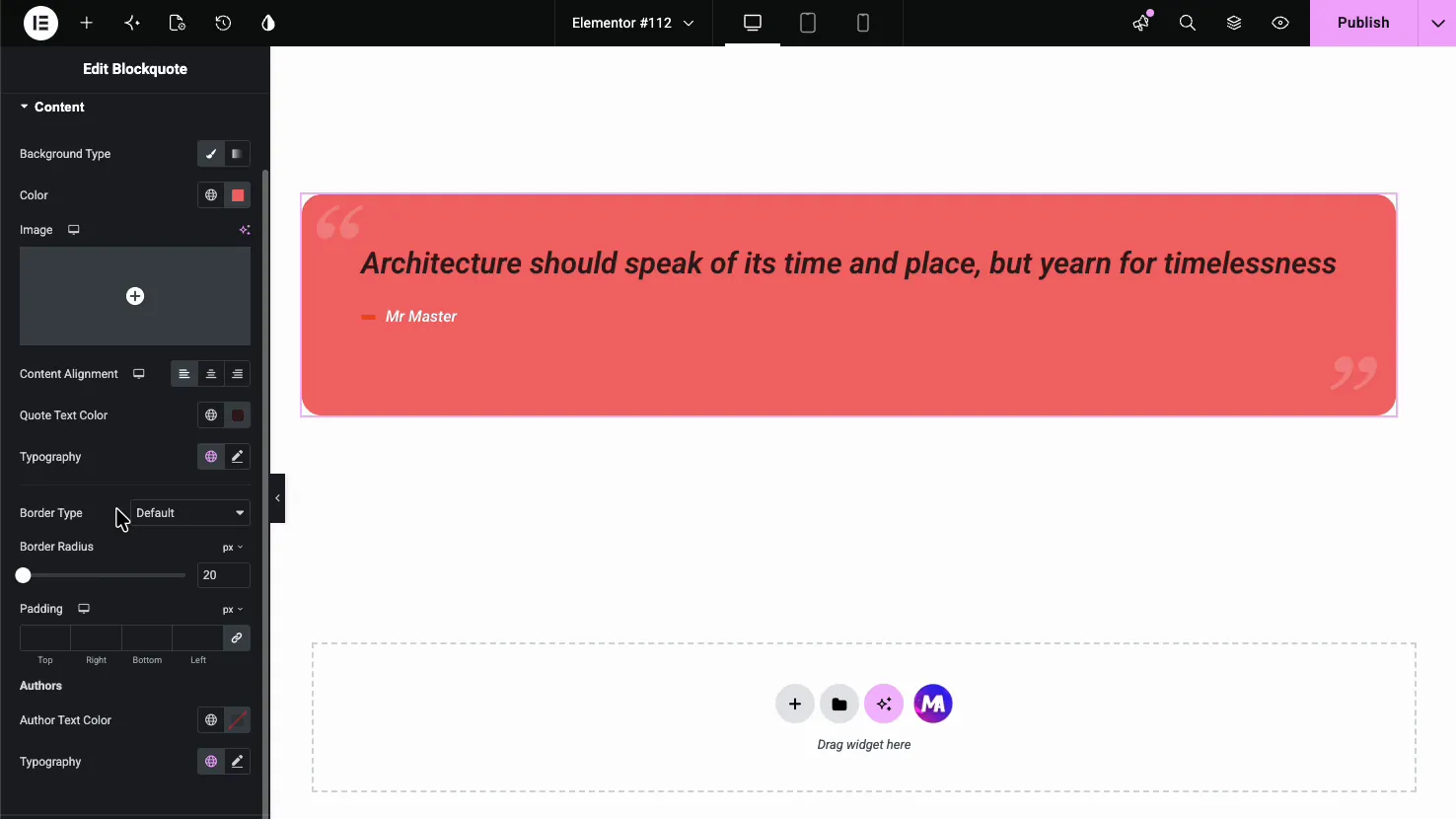 Blockquote Style tab Content section with background color, image, content alignment, quote text color, typography, border, and padding