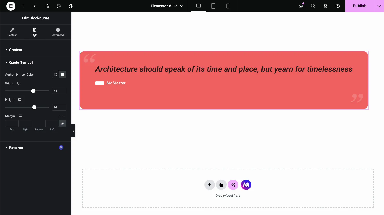 Blockquote Style tab Quote Symbol section with author symbol color, width, height, and margin controls