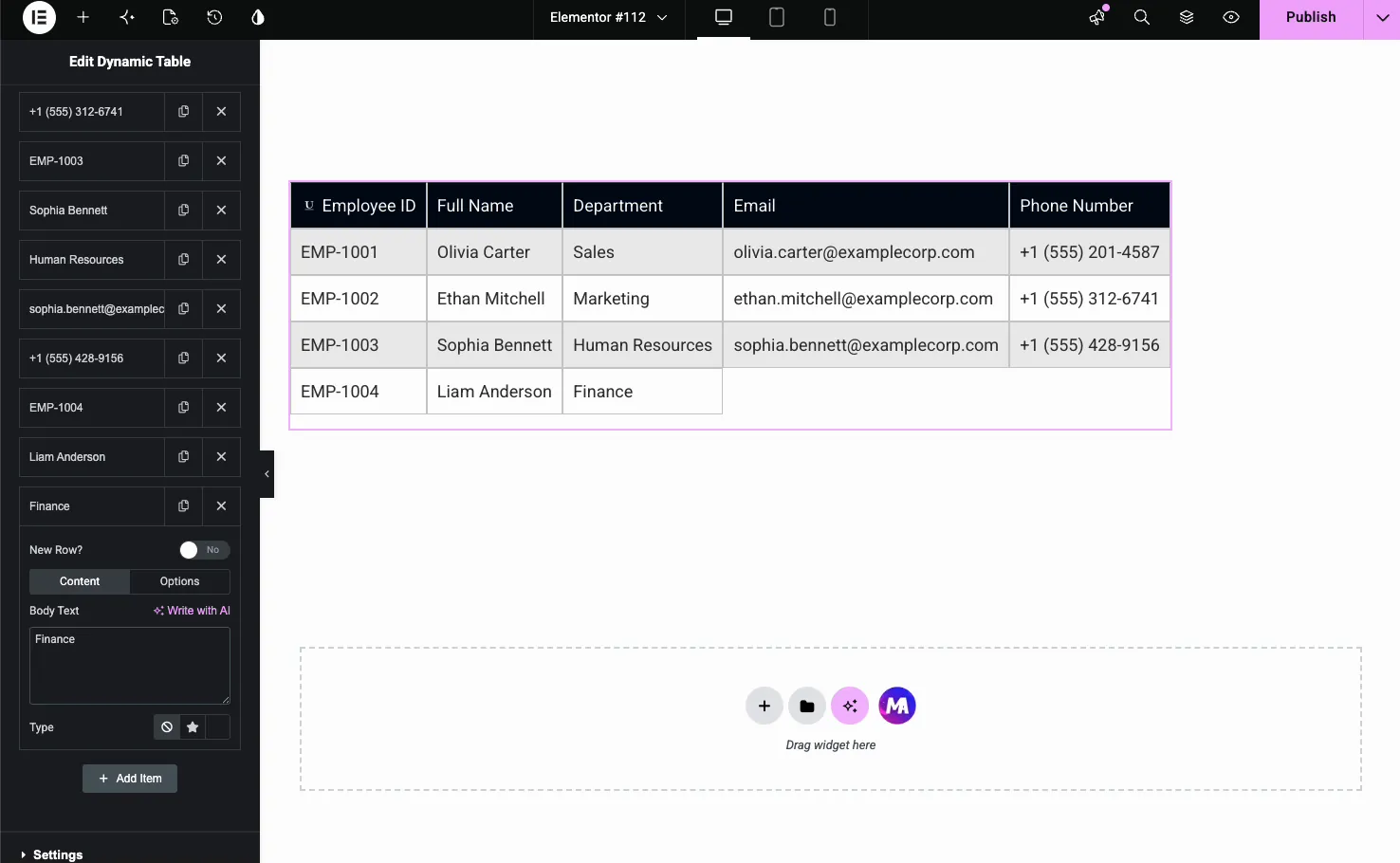 Dynamic Table with a new EMP-1004 row being added through the Add Item button