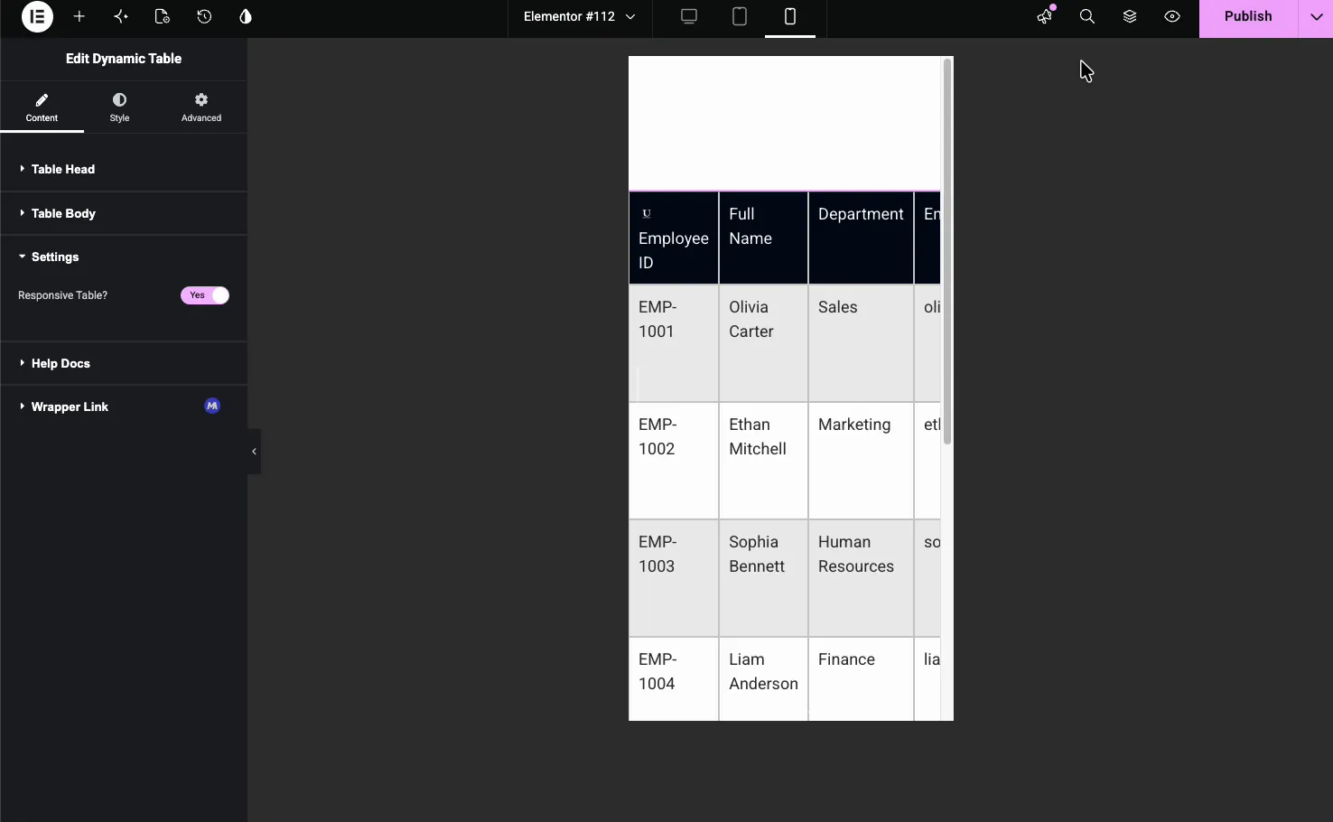 Dynamic Table Settings with Responsive Table turned on, shown stacking on a mobile preview
