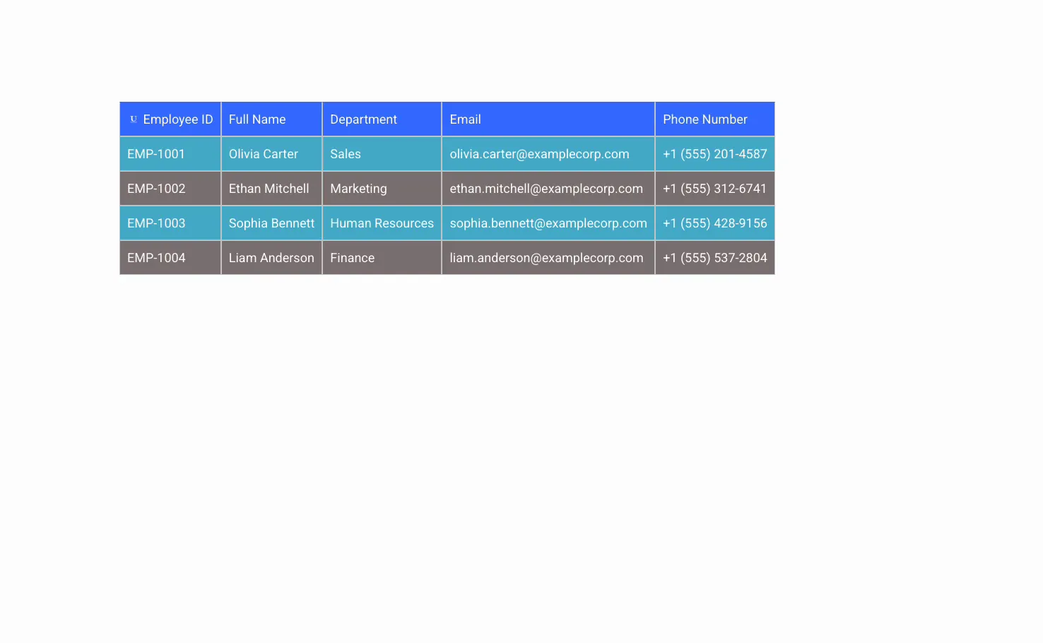 Finished Master Addons dynamic table on the live page, an employee directory with a blue header and striped rows