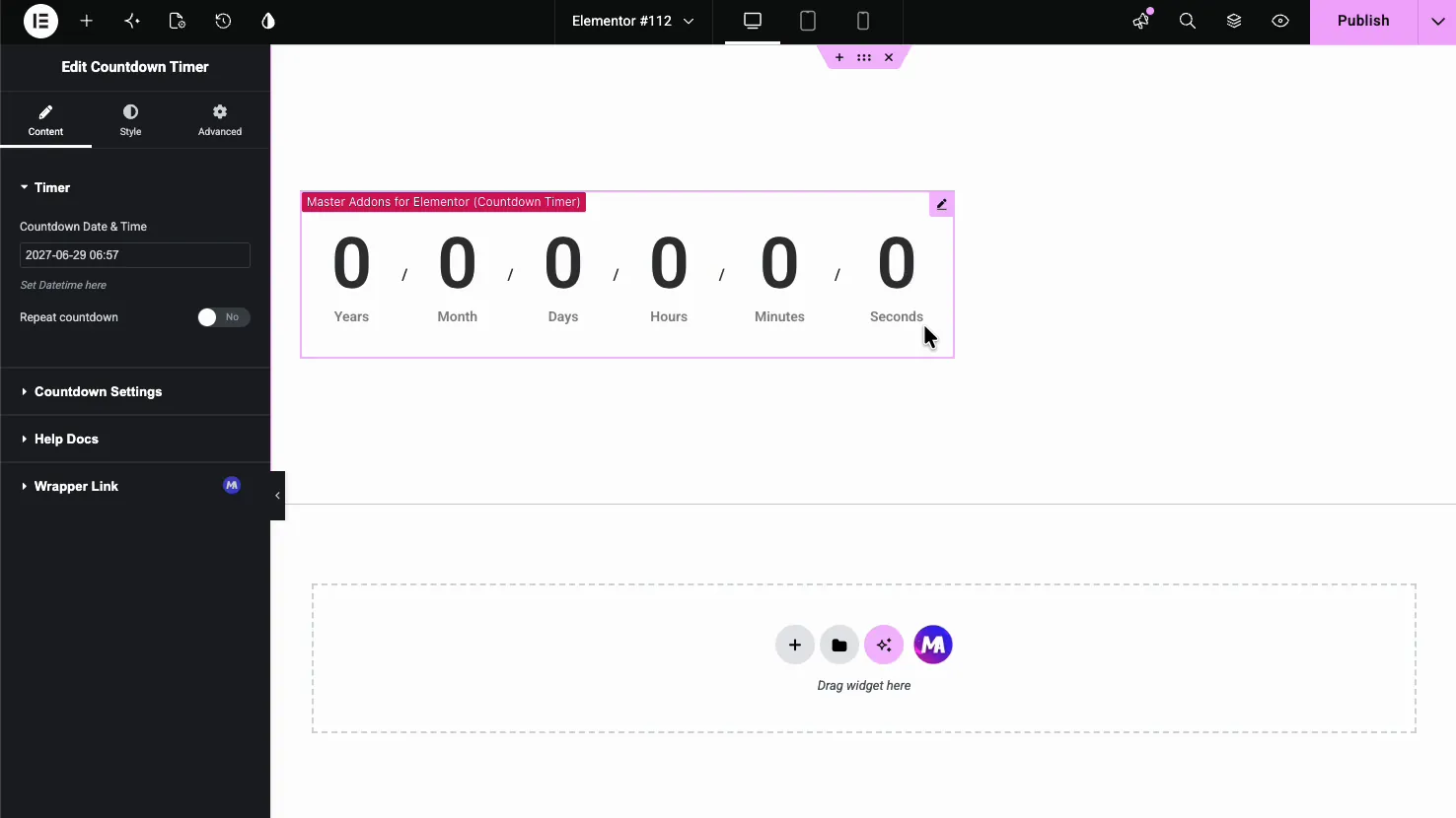Countdown Timer Timer section with the Countdown Date and Time field and a Repeat countdown toggle