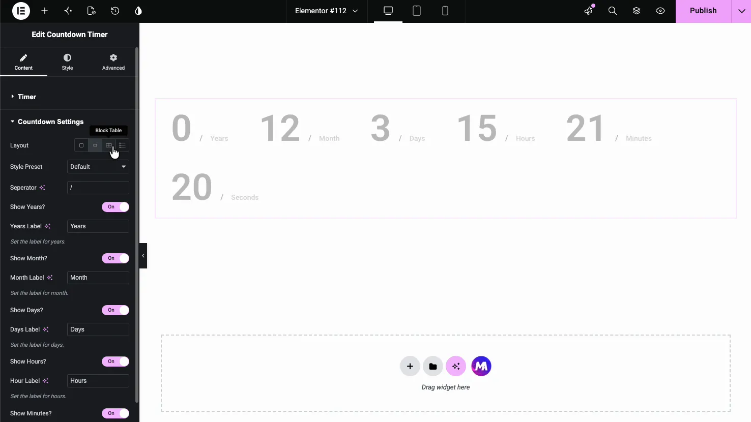 Countdown Timer Countdown Settings with layout switcher, Style Preset dropdown, separator, and show toggles for each time unit