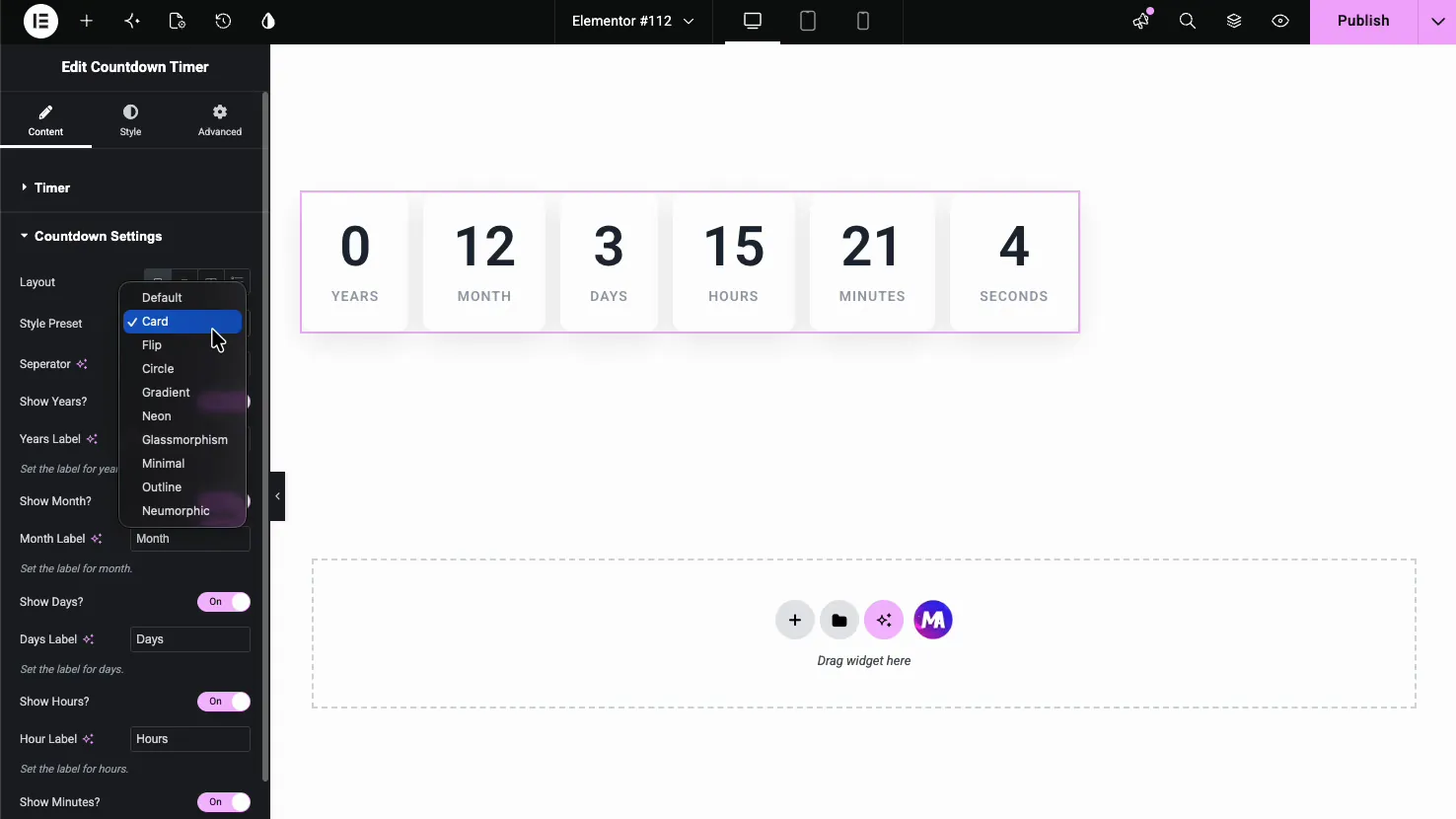Countdown Timer Style Preset dropdown open, listing Card, Flip, Circle, Gradient, Neon, Glassmorphism, Minimal, Outline, and Neumorphic