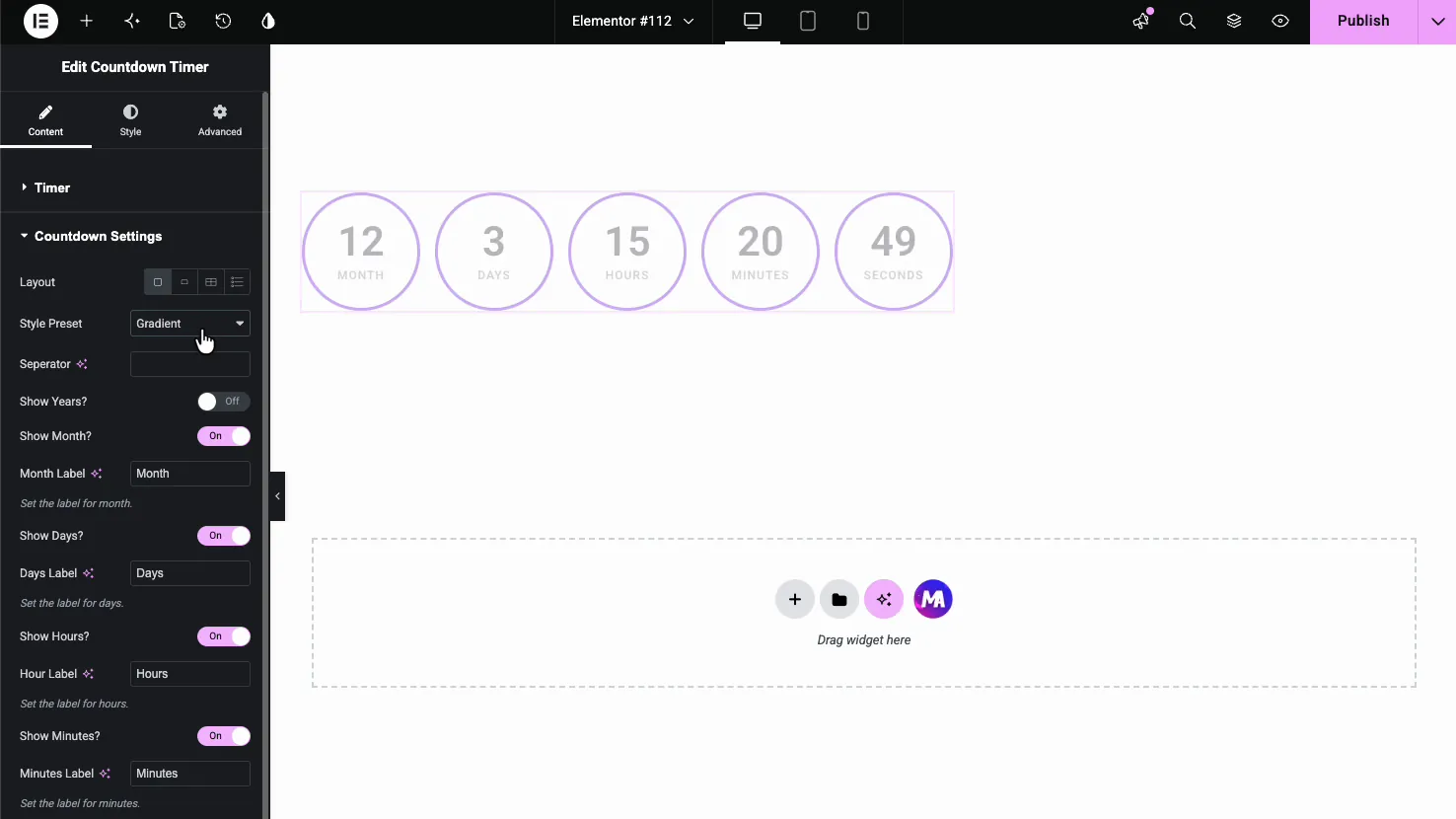 Countdown Timer using the Circle layout with the Gradient style preset, each unit in a colored ring