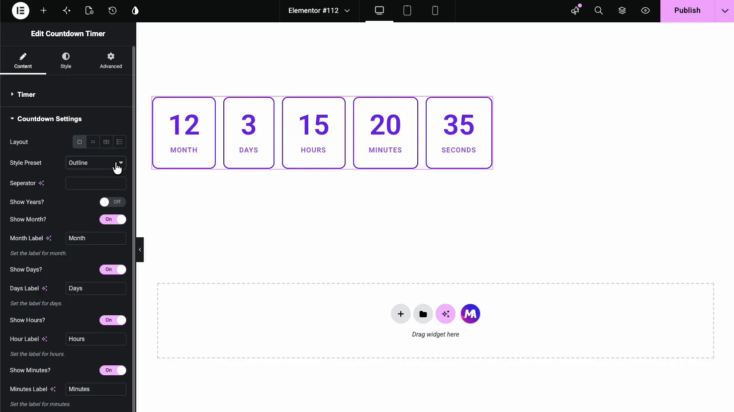 Countdown Timer using the Outline style preset, each unit in a bordered box