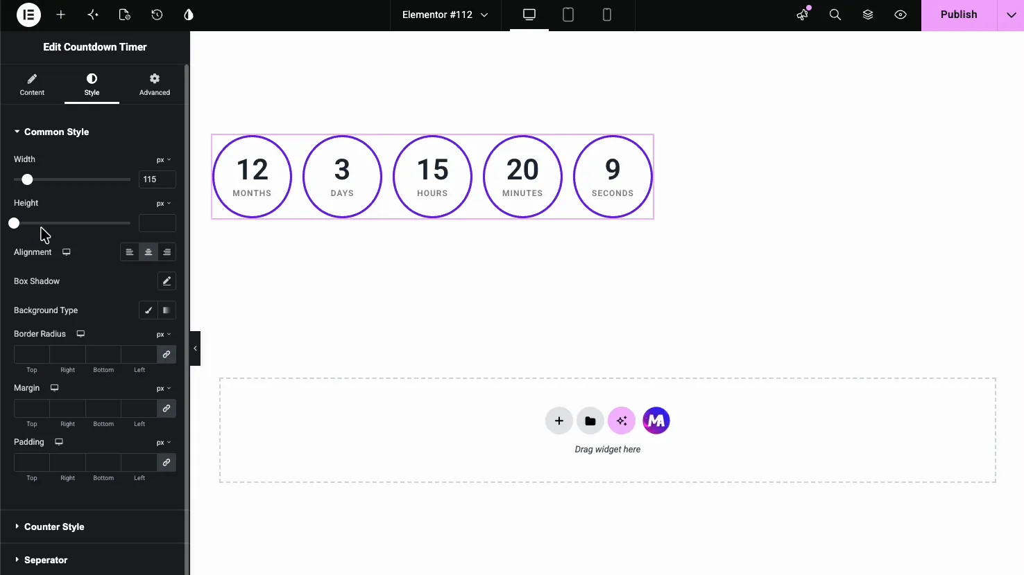 Countdown Timer Style tab Common Style with width, height, alignment, box shadow, background type, border radius, margin, and padding