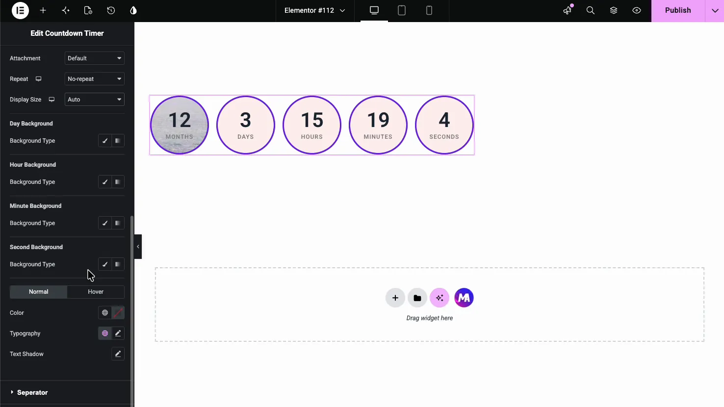 Countdown Timer Counter Style section with separate background controls for month, day, hour, minute, and second units