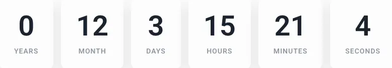 Finished Master Addons countdown timer using the Card preset, with years, month, days, hours, minutes, and seconds in white boxes