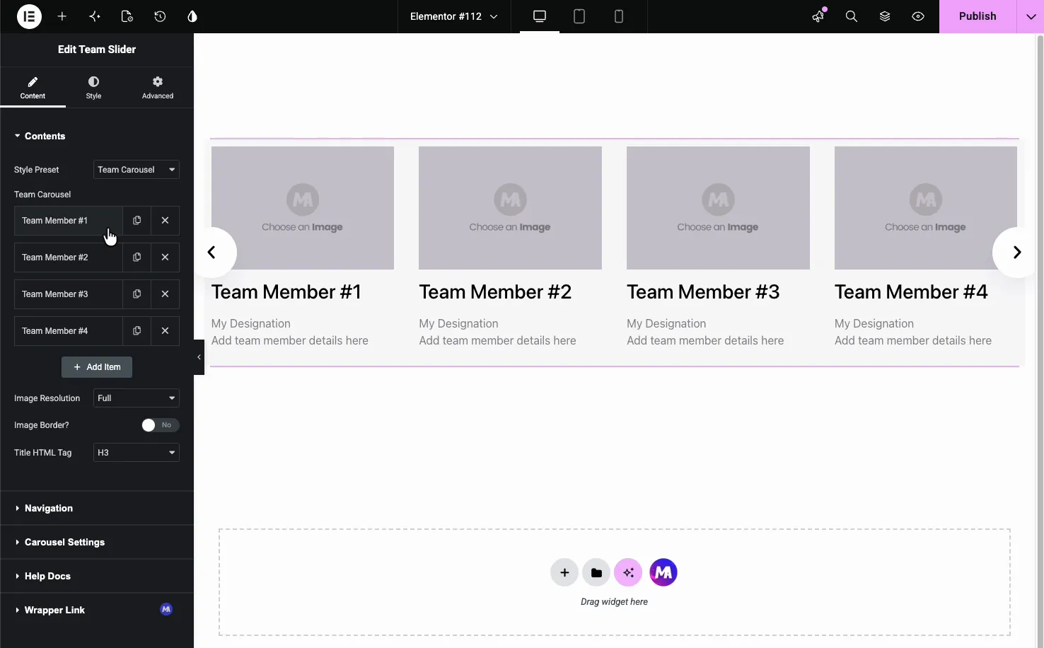 Team Carousel Contents section with the Style Preset dropdown, member repeater, Add Item, Image Resolution, and Title HTML Tag