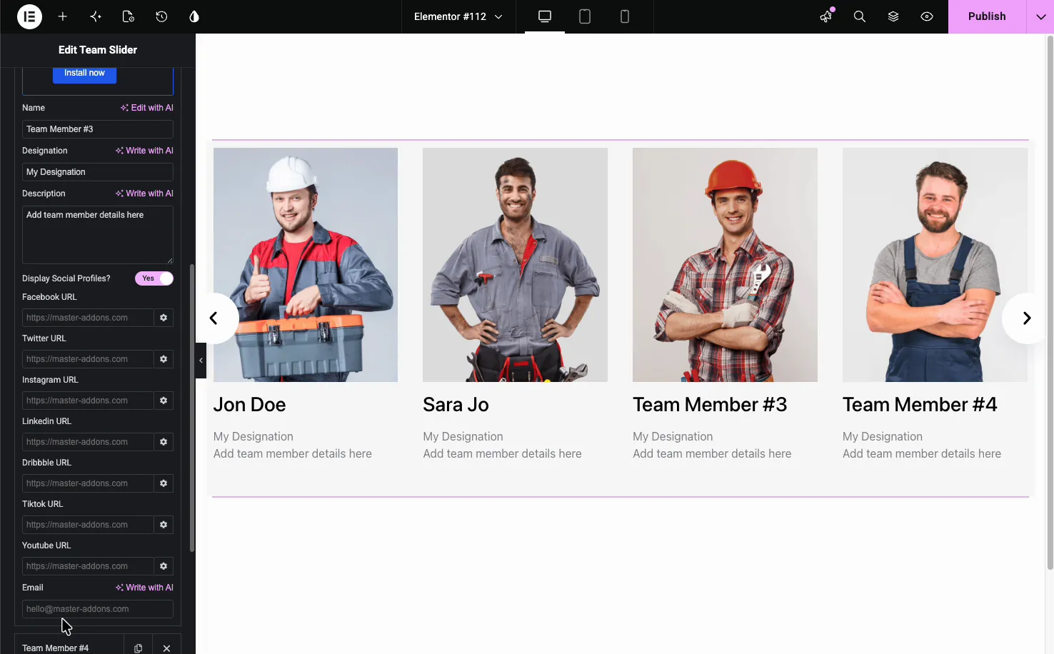 Team Carousel member item with image, name, designation, description, and social profile URL fields