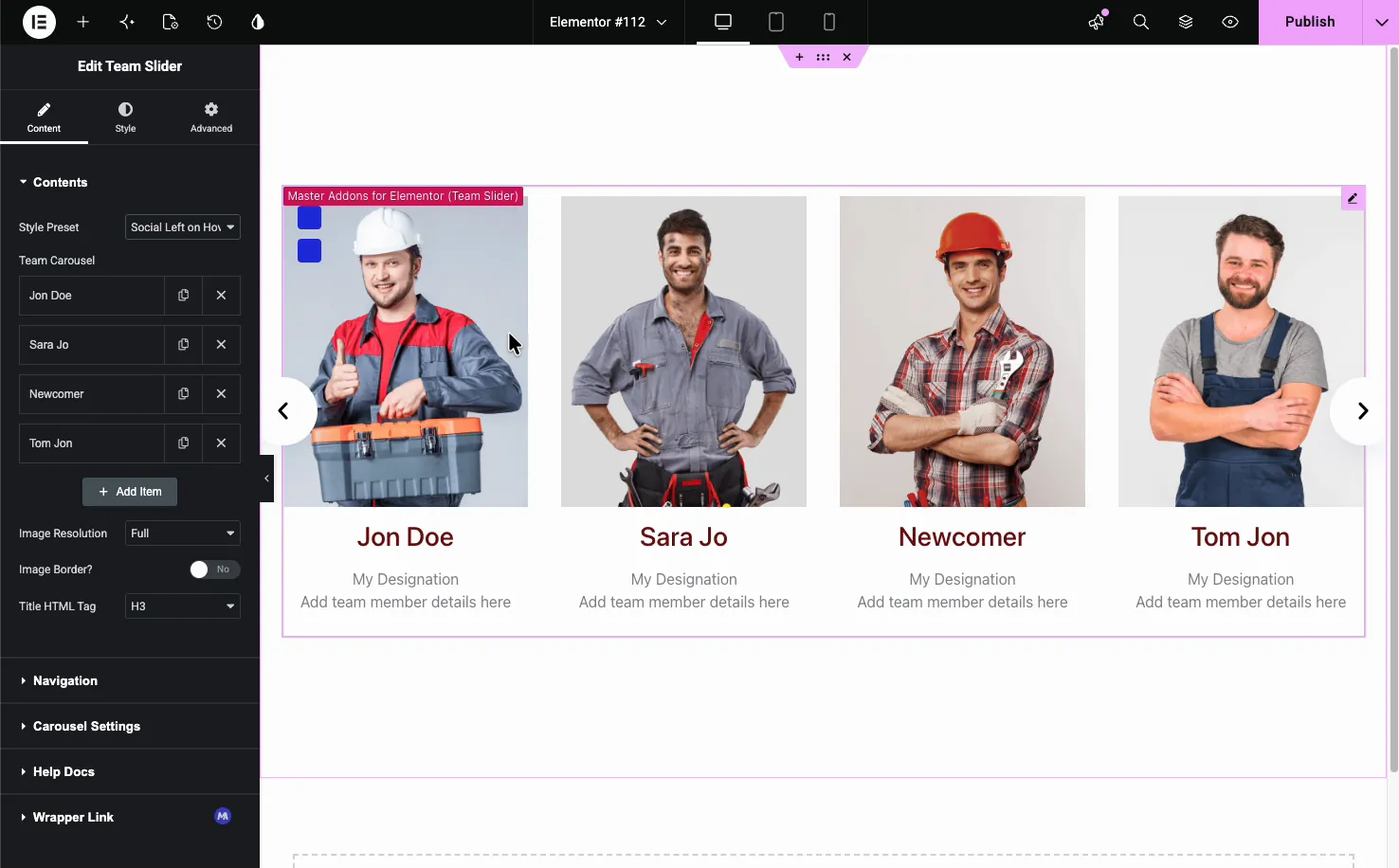 Team Carousel using the Social Left on Hover preset, with social icons appearing on a member card
