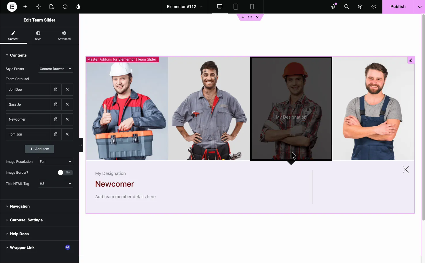 Team Carousel using the Content Drawer preset, with a member detail drawer open below the photo row