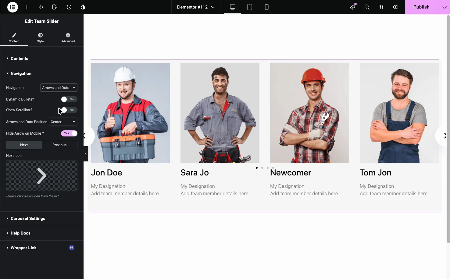 Team Carousel Navigation settings with navigation type, dynamic bullets, scrollbar, position, and custom arrow icons