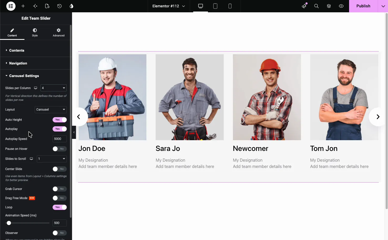 Team Carousel Carousel Settings with slides per column, layout, autoplay, autoplay speed, slides to scroll, loop, and animation speed