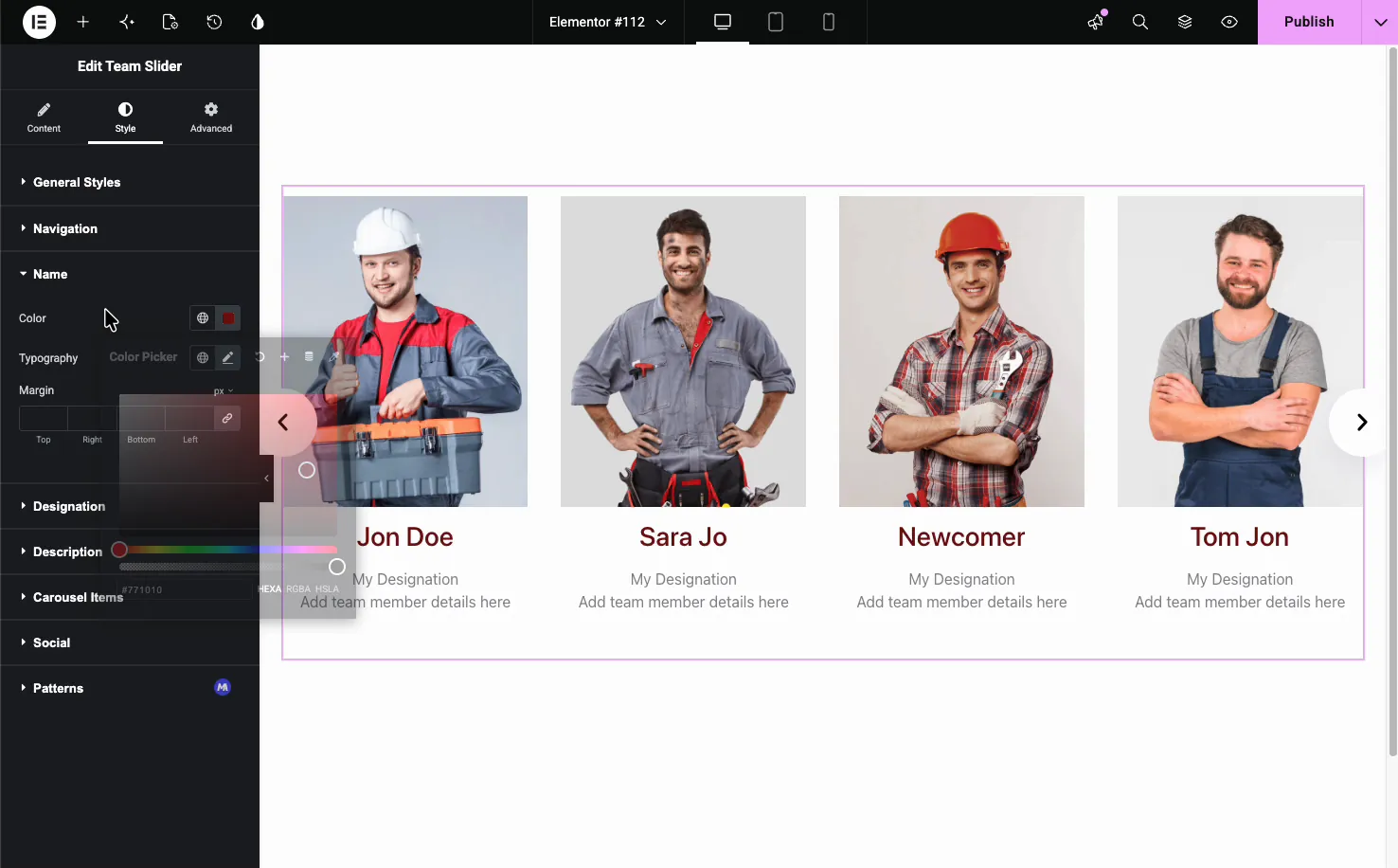 Team Carousel Style tab with sections for general styles, navigation, name, designation, description, carousel items, and social