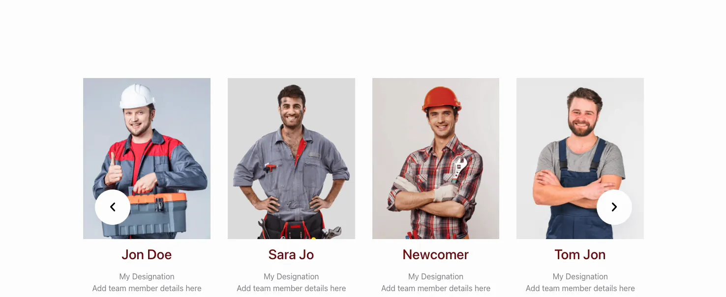 Finished Master Addons team carousel on the live page with four member cards, names, and navigation arrows