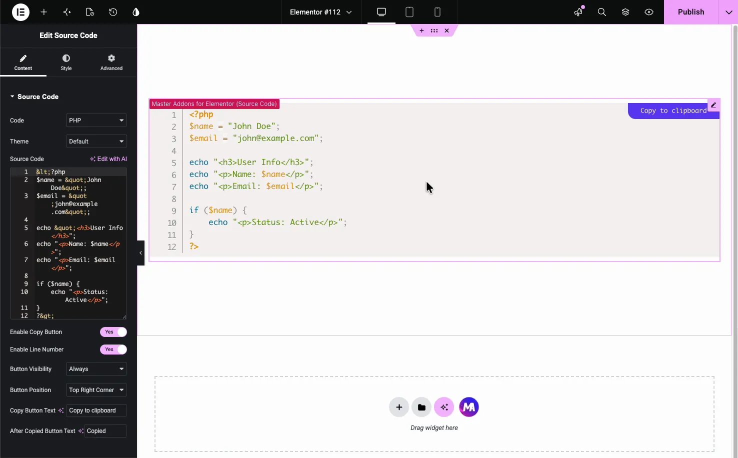 Source Code Content tab with the Code language dropdown, Theme dropdown, and source code field