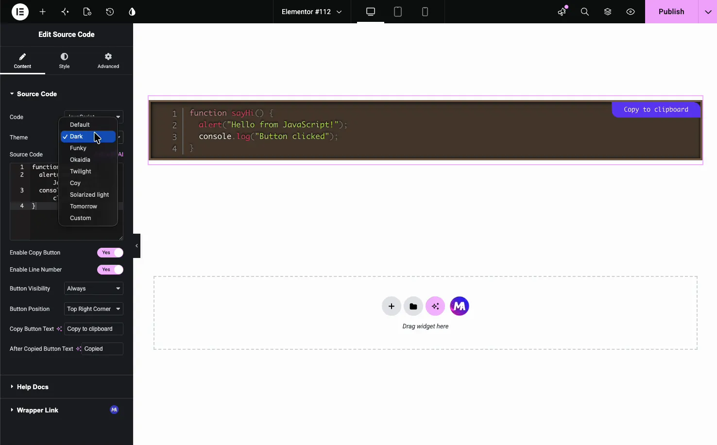 Source Code Theme dropdown open, listing Default, Dark, Funky, Okaidia, Twilight, Coy, Solarized light, Tomorrow, and Custom