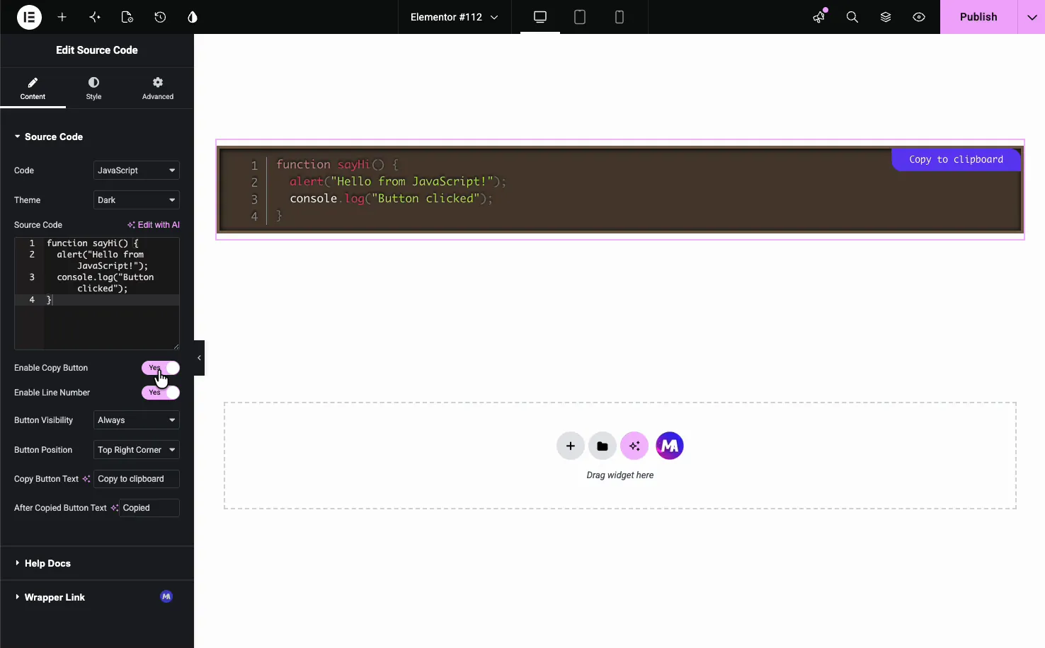 Source Code widget showing a JavaScript snippet with the Dark theme applied