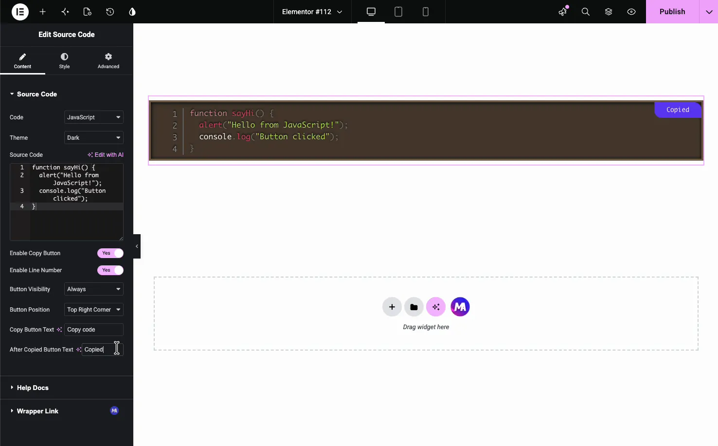 Source Code copy button showing the Copied confirmation state after a click