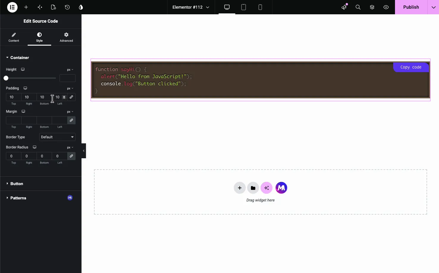 Source Code Style tab Container section with height, padding, margin, border type, and border radius