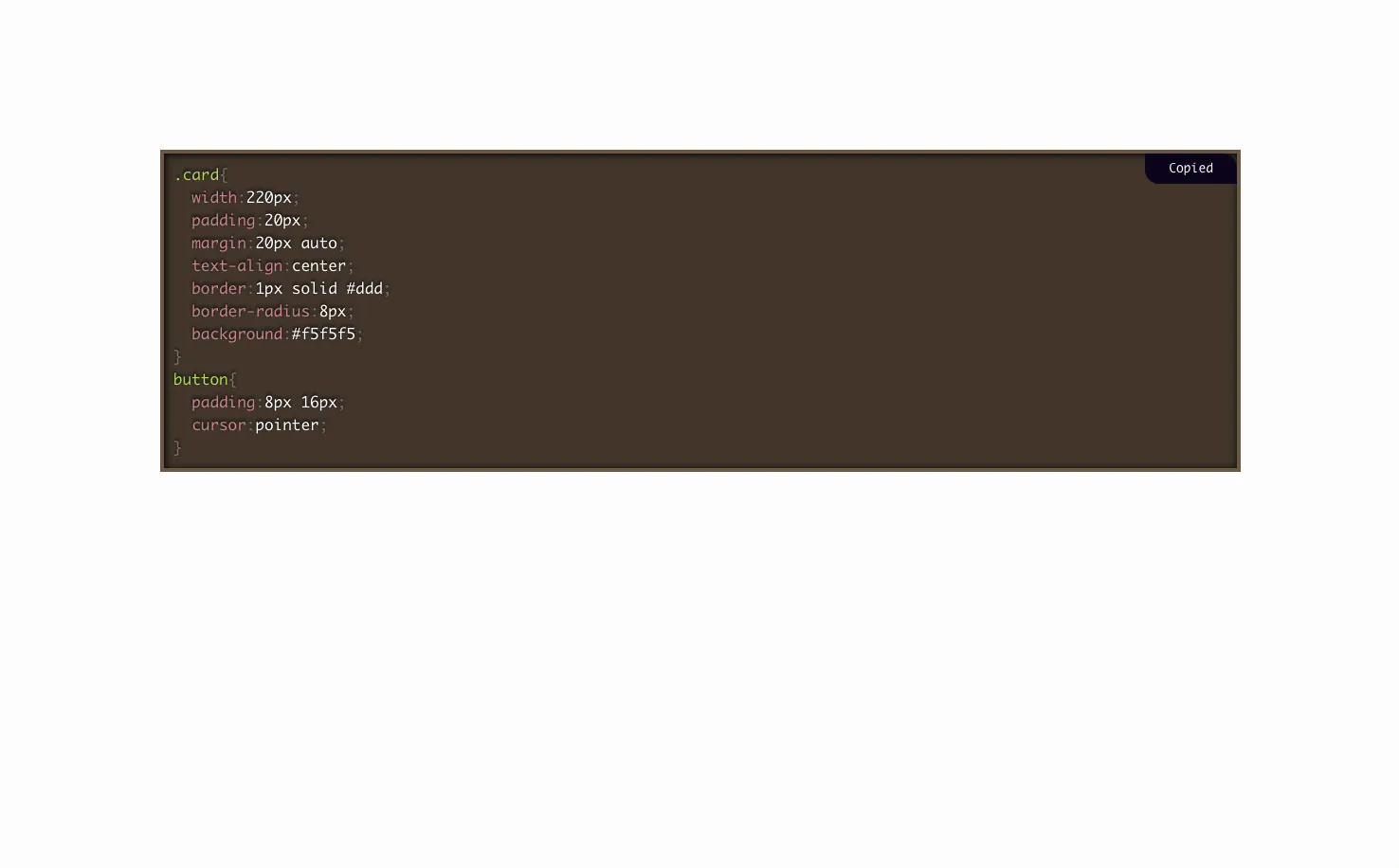 Finished Master Addons source code block on the live page, a CSS snippet on a dark theme with a Copied button