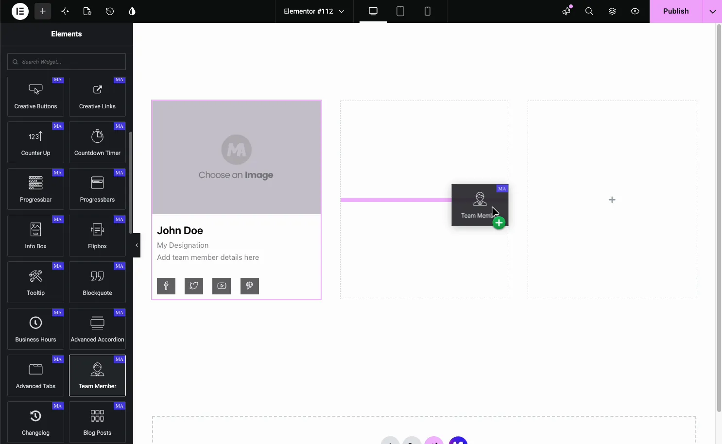 Team Member widget in the Elementor Elements panel being dragged onto the page
