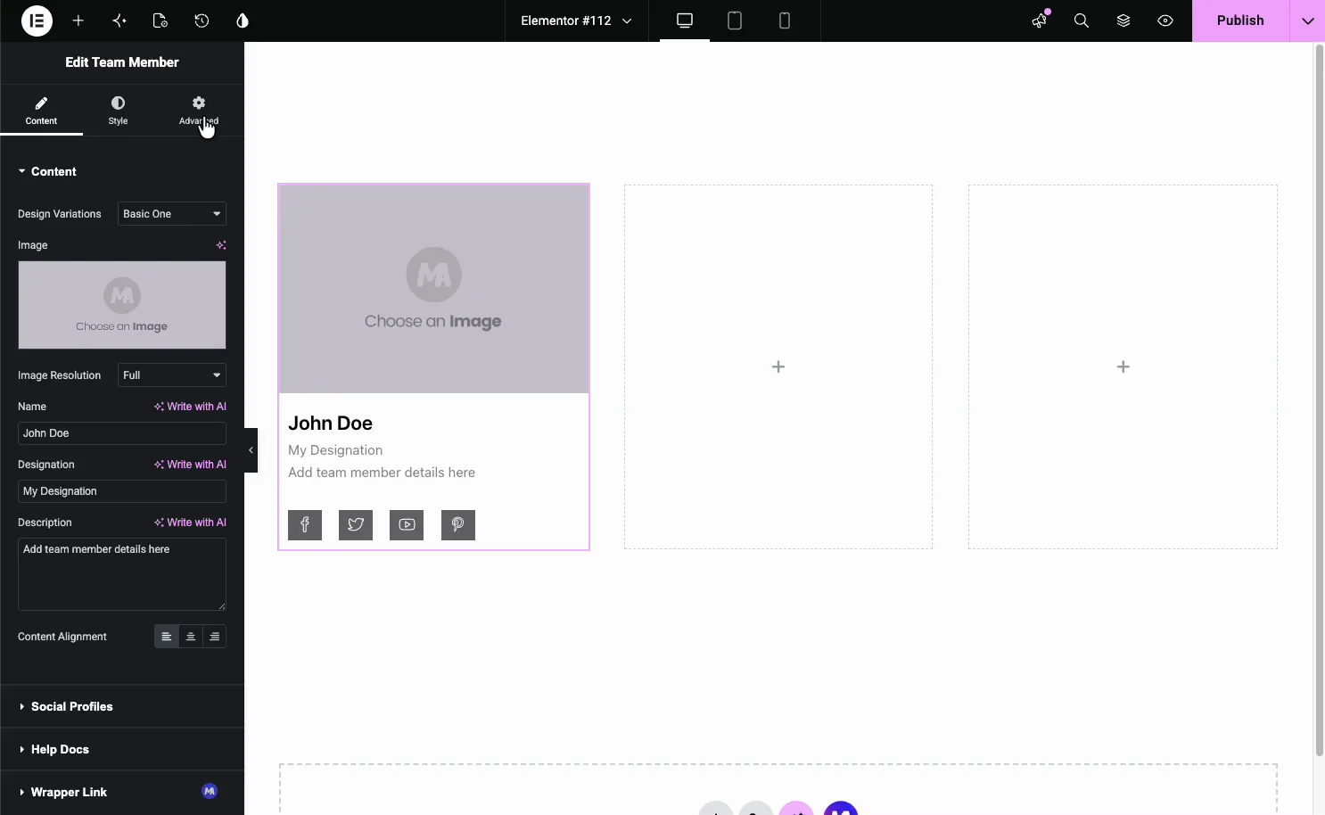 Team Member Content tab with Design Variations, Image, Image Resolution, Name, Designation, Description, and Content Alignment settings