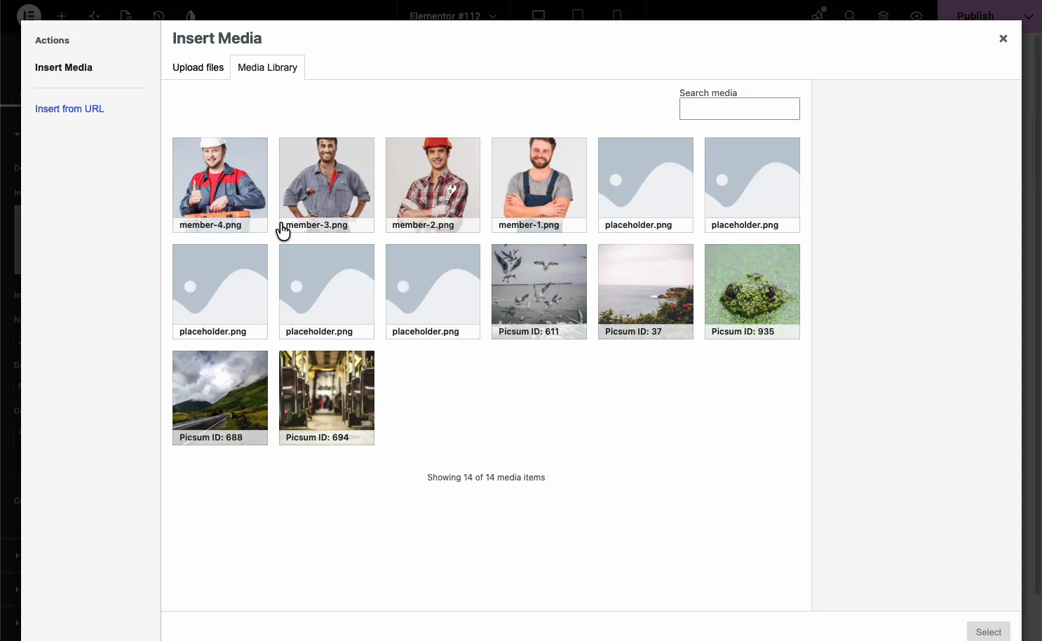 WordPress Media Library open with team member photos ready to insert into the Team Member widget