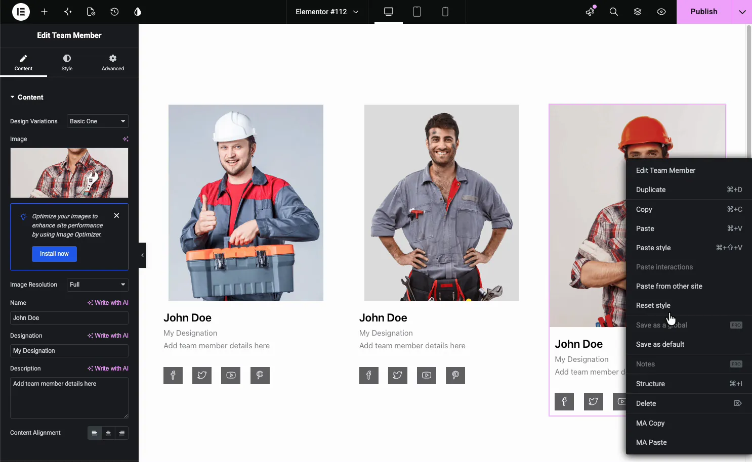 Right-click menu on a Team Member widget showing the Duplicate option used to add more team members