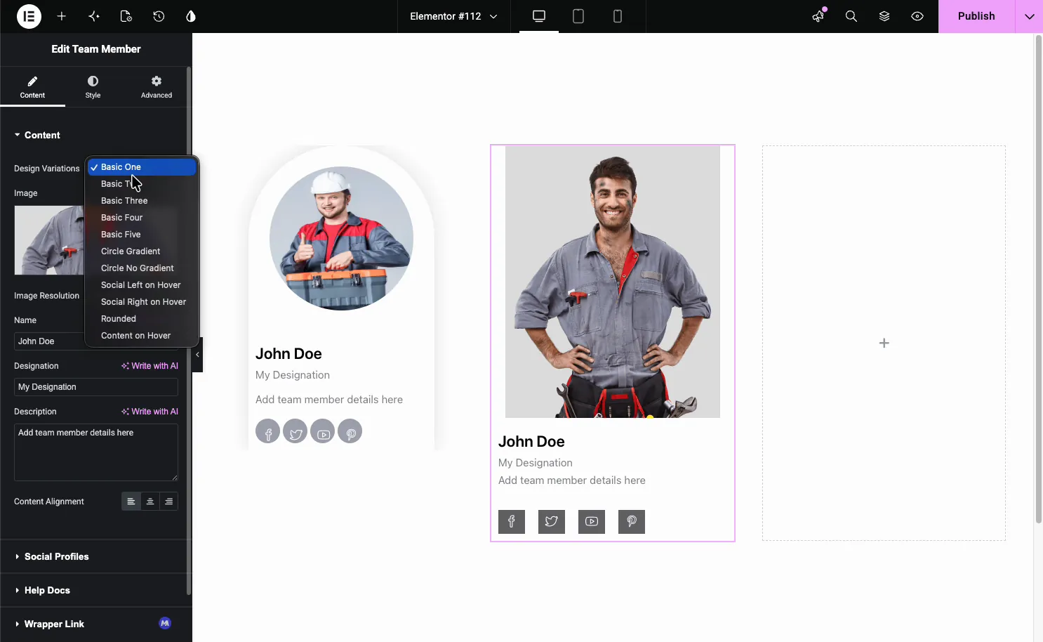 Team Member Design Variations dropdown open showing Basic One through Basic Five, Circle Gradient, Circle No Gradient, Social Left on Hover, Social Right on Hover, Rounded, and Content on Hover presets