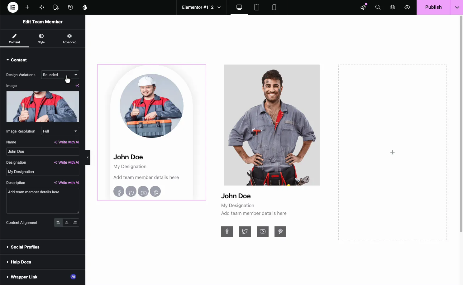 Team Member widget using the Rounded design variation with an arched card, circular photo, and round social icons