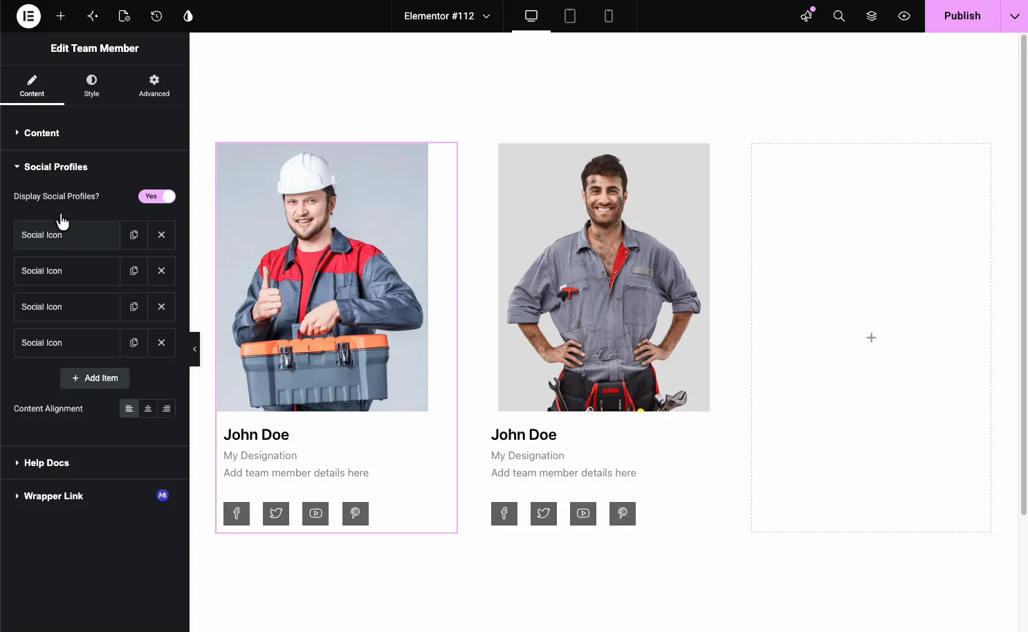 Team Member Social Profiles section with the Display Social Profiles toggle on and a list of social icon items with an Add Item button