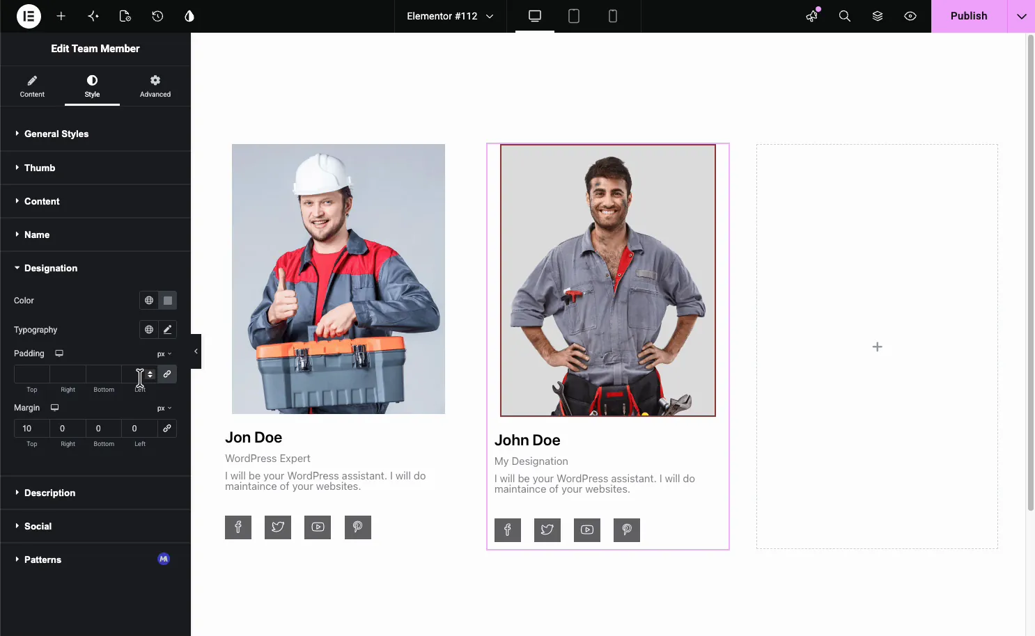 Team Member Style tab with sections for General Styles, Thumb, Content, Name, Designation, Description, Social, and Patterns