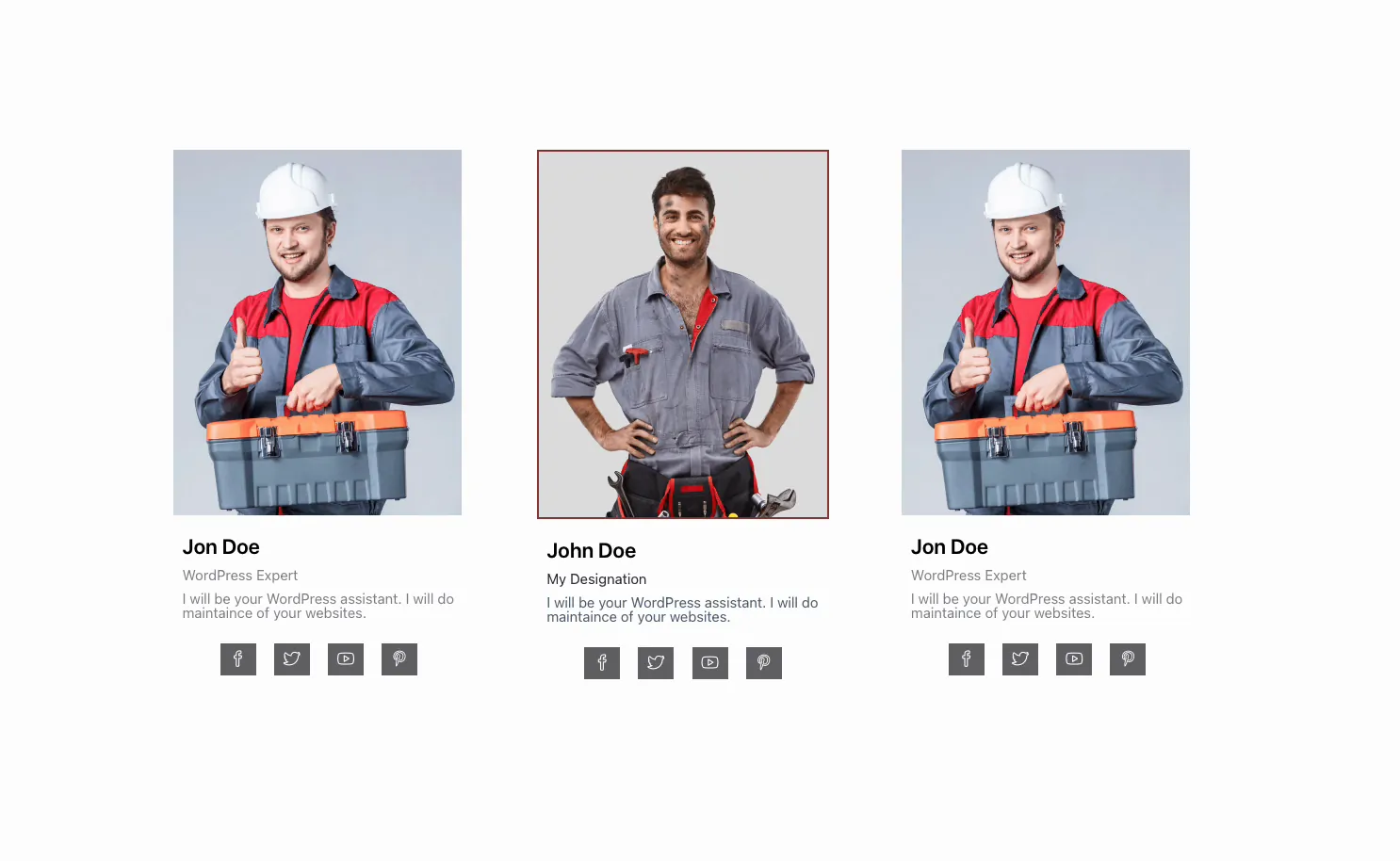 Finished Elementor team member section built with the Master Addons Team Member widget showing three member cards with photos, roles, and social icons