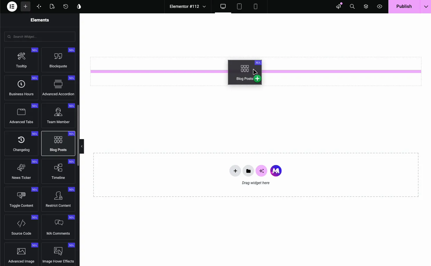 Blog Posts widget in the Elementor Elements panel being dragged onto the page