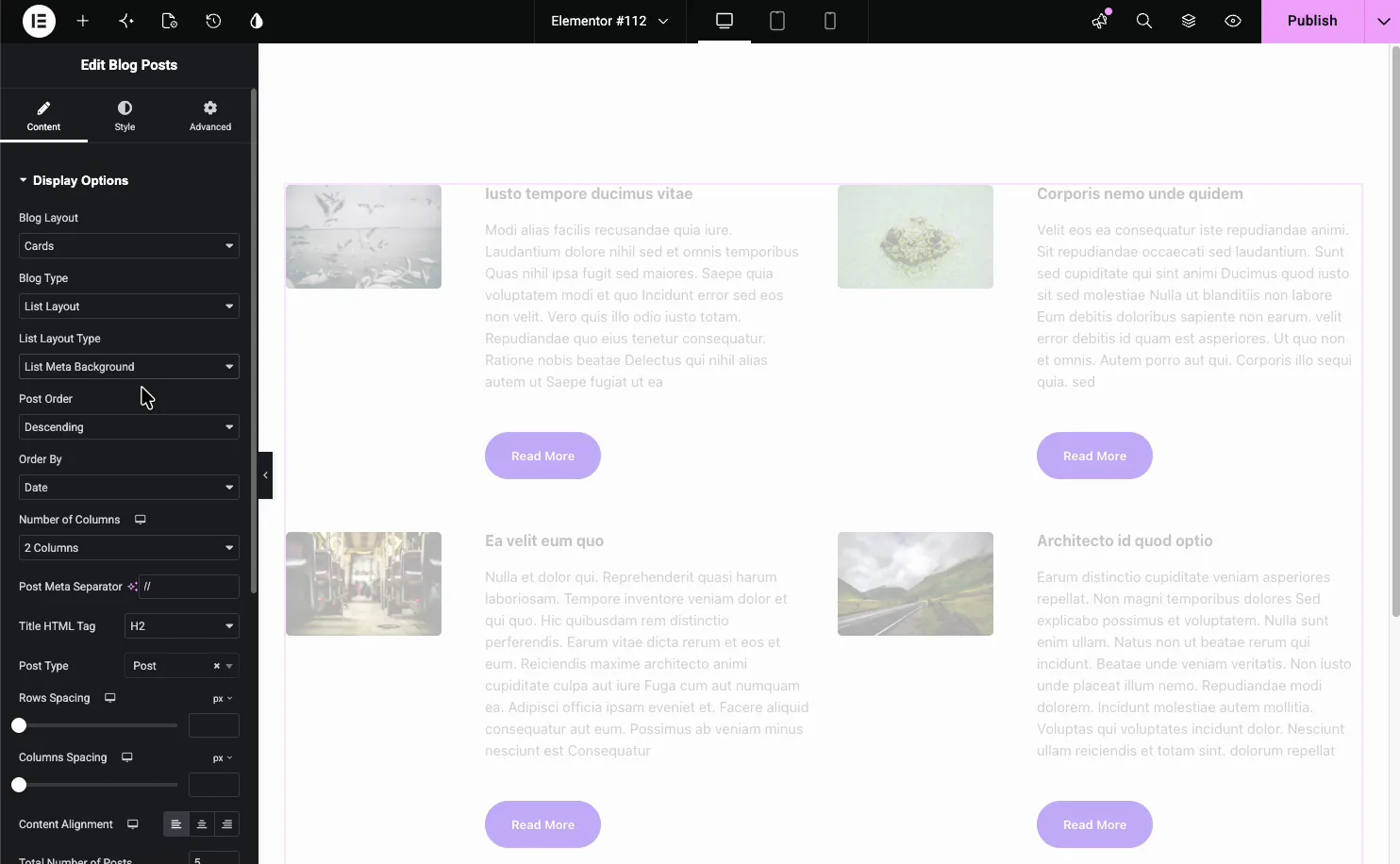Blog Posts widget using a List Layout with the featured image on the left and post content on the right