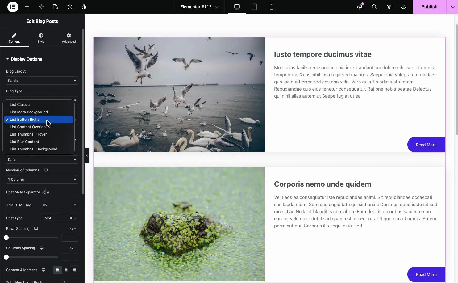 Blog Posts List Layout Type dropdown open showing List Classic, List Meta Background, List Button Right, List Content Overlap, and more variations
