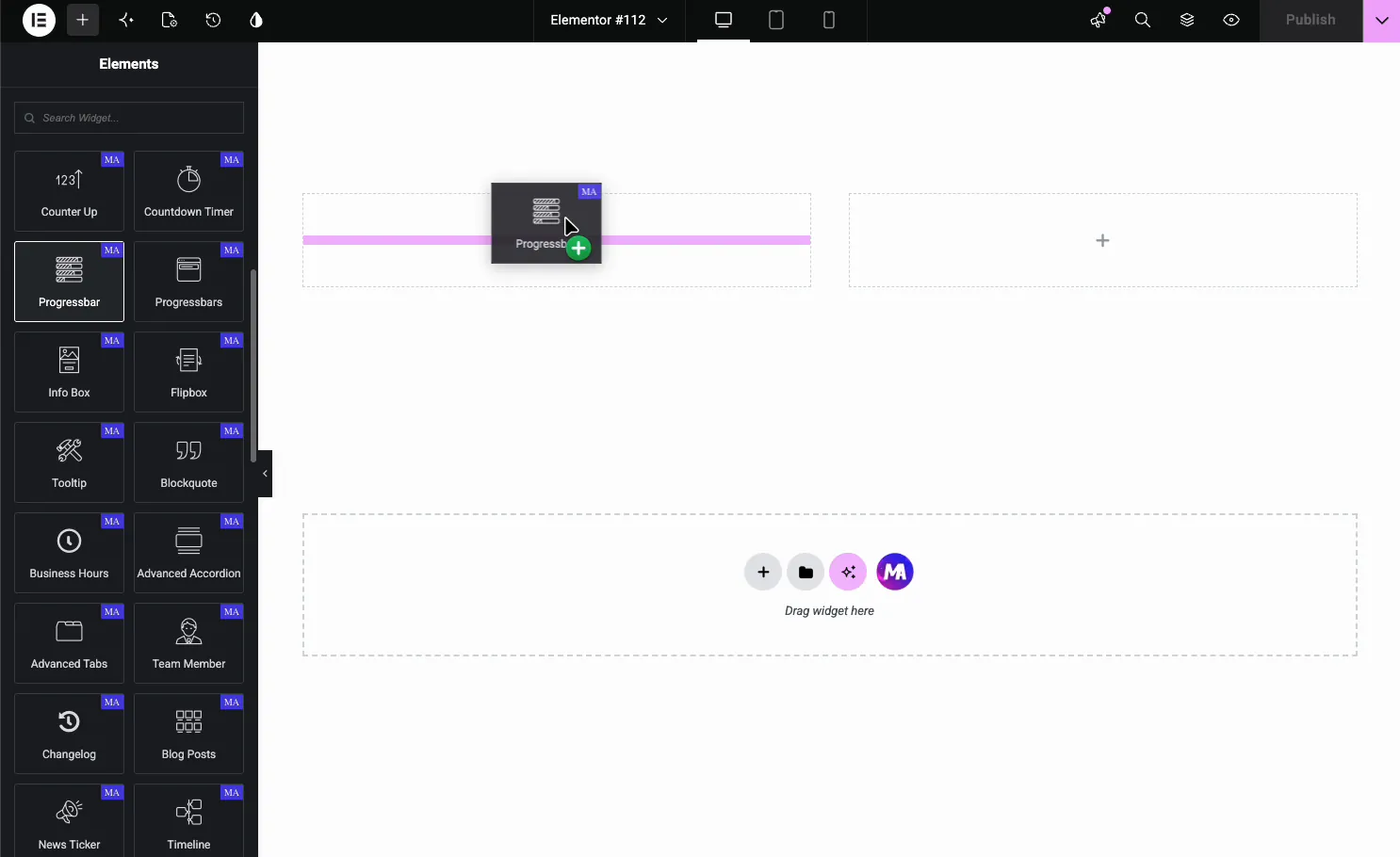 Progressbar widget in the Elementor Elements panel being dragged onto the page